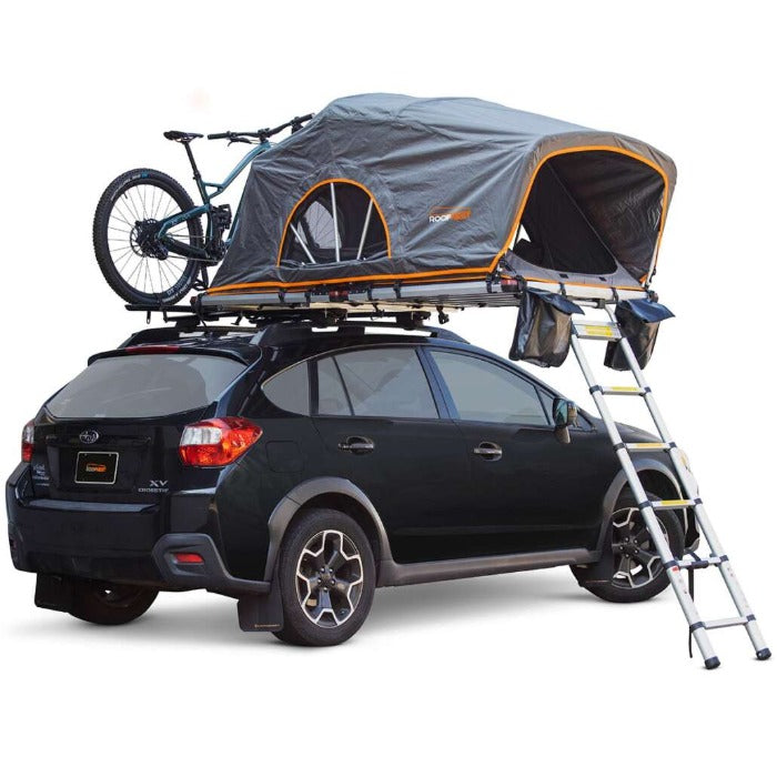 Roofnest Meadowlark  lifestyle black truckRoofnest Meadowlark roof top tent open with bike and ladder on Subaru Crosstrek