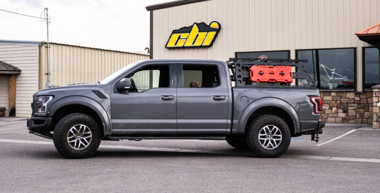 CBI Ford Raptor Bed Rack side view with recovery gear mounted