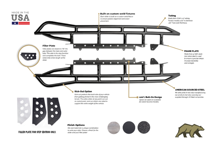 2005-2022 TOYOTA TACOMA STEP EDITION ROCK SLIDERS Cali Raised LED