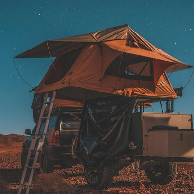 Tuff Stuff Delta Roof Top Tent on a trailer