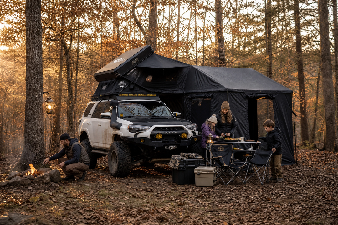 overlanding family basecamp setup hub tent annex
