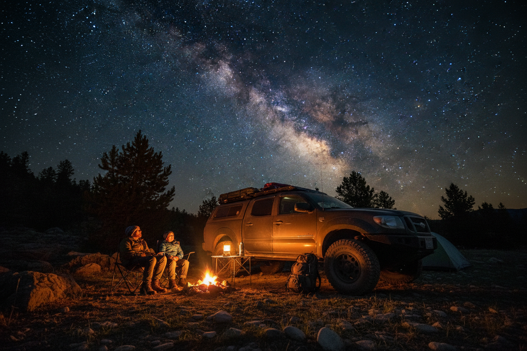 father and son camping beside a truck under a star-filled night sky