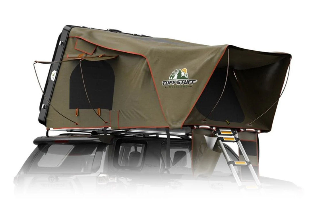 4 person hard shell roof top tent Tuff Stuff Overland Alpha Hard Top Side Open Tent, Black, 4 Person