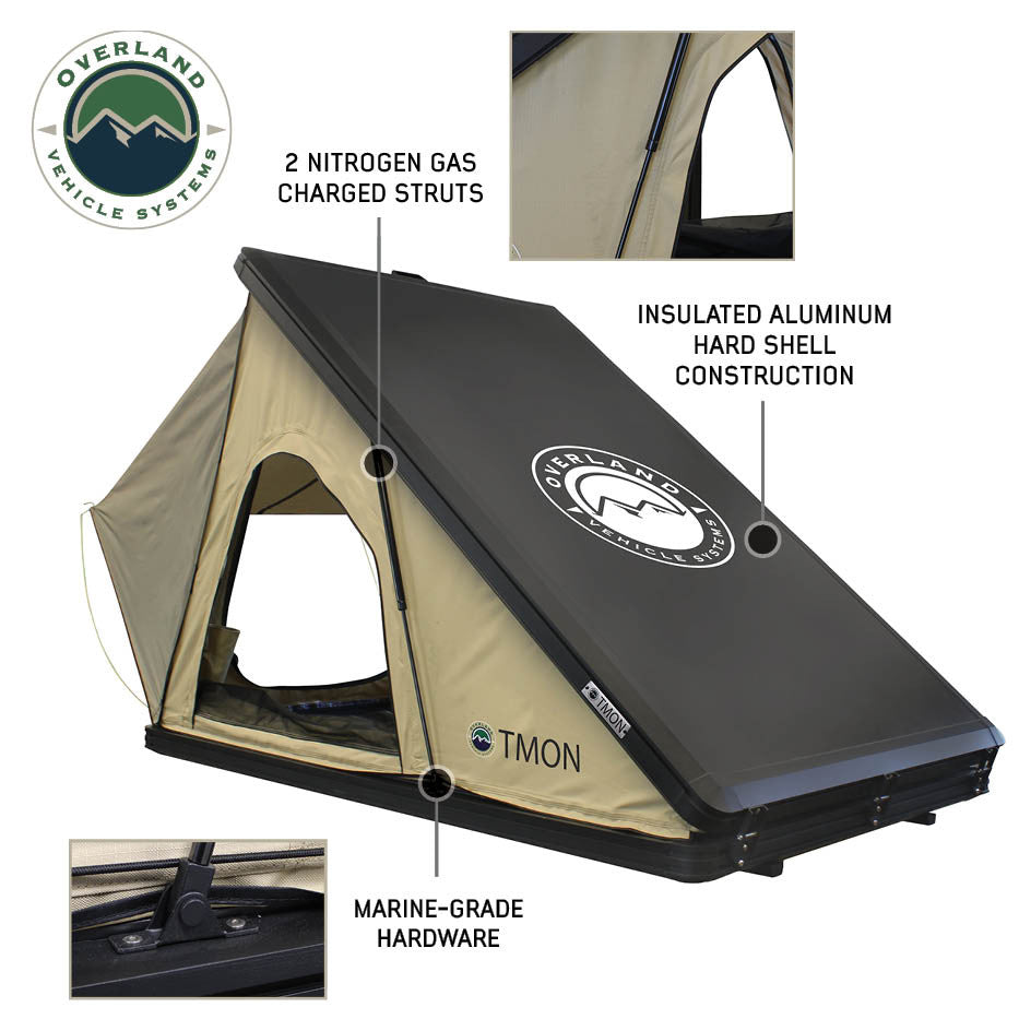 Overland vehicle with rooftop tent deployed