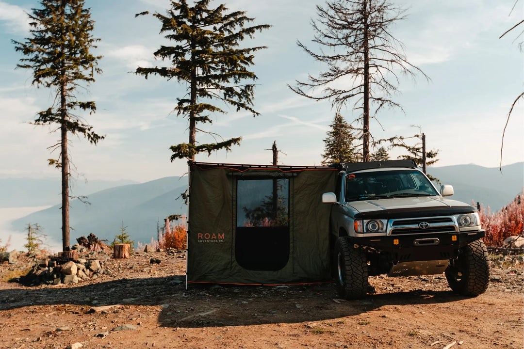 Outdoor shelter awning room setup