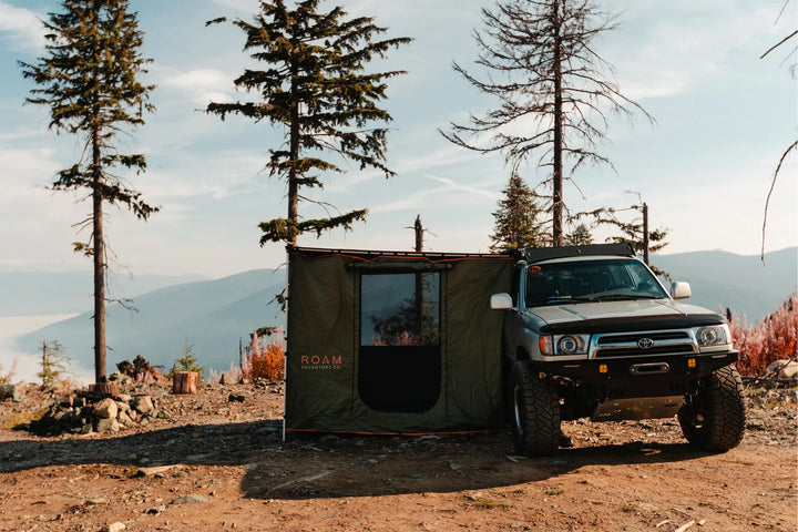 Outdoor shelter awning room setup