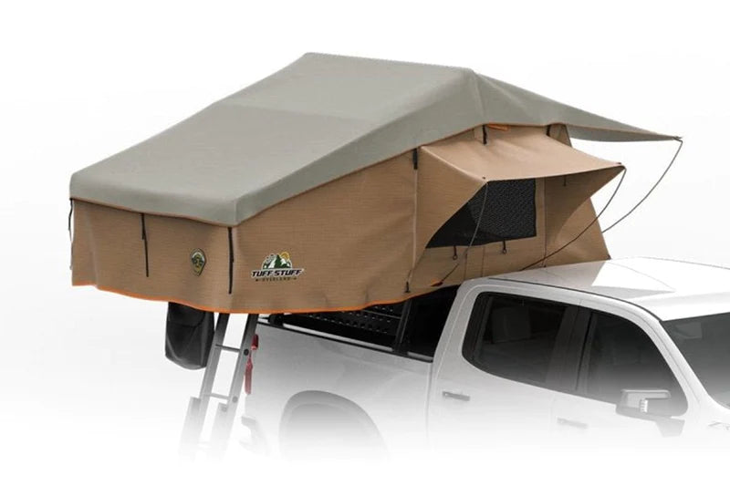 Tuff Stuff Ranger Overland roof top tent open on Chevy Silverado