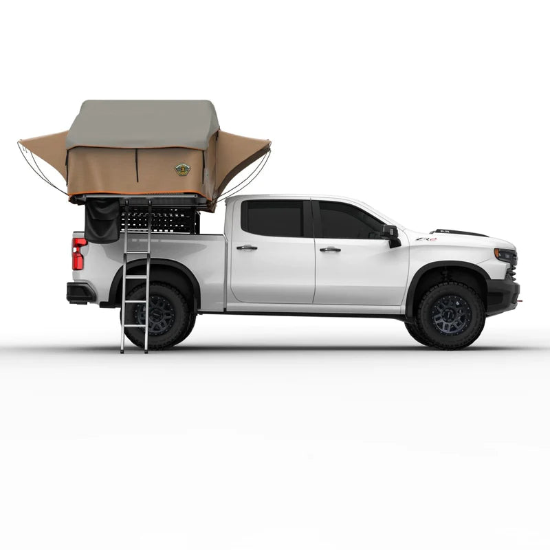 Tuff Stuff Overland Ranger 3 person roof top tent open on Chevy Silverado