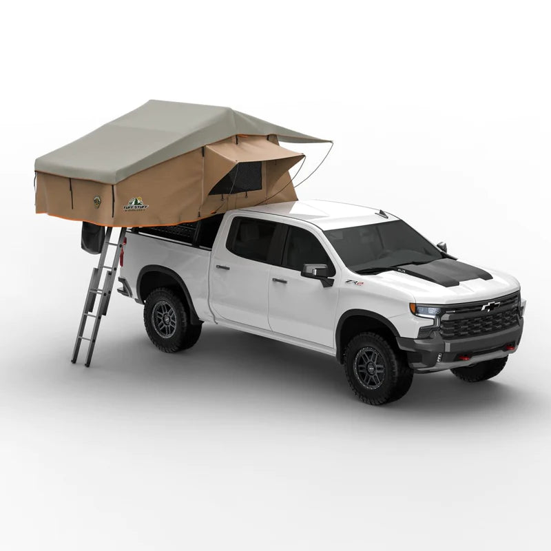 Tuff Stuff Ranger roof top tent open on Chevy Silverado