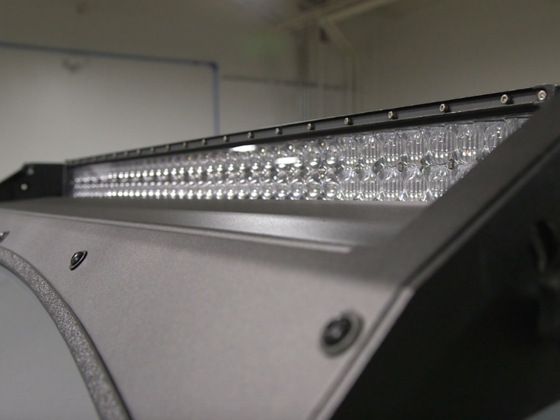 Close up of exposed LED light bar on Premium roof rack - Cali Raised LED