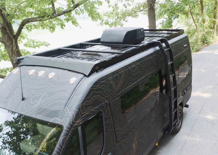Backwoods Ram Promaster Roof Rack Side View with ladder