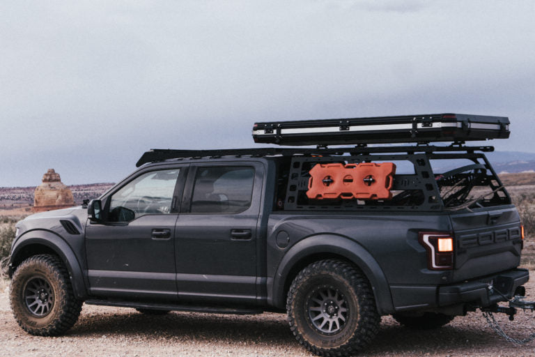 CBI Ford Raptor Bed Rack Side View with a roof top tent