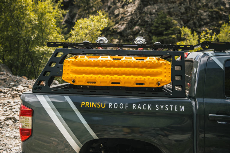 CBI Tundra Bed Rack Roof Rack Height with yellow recovery gear